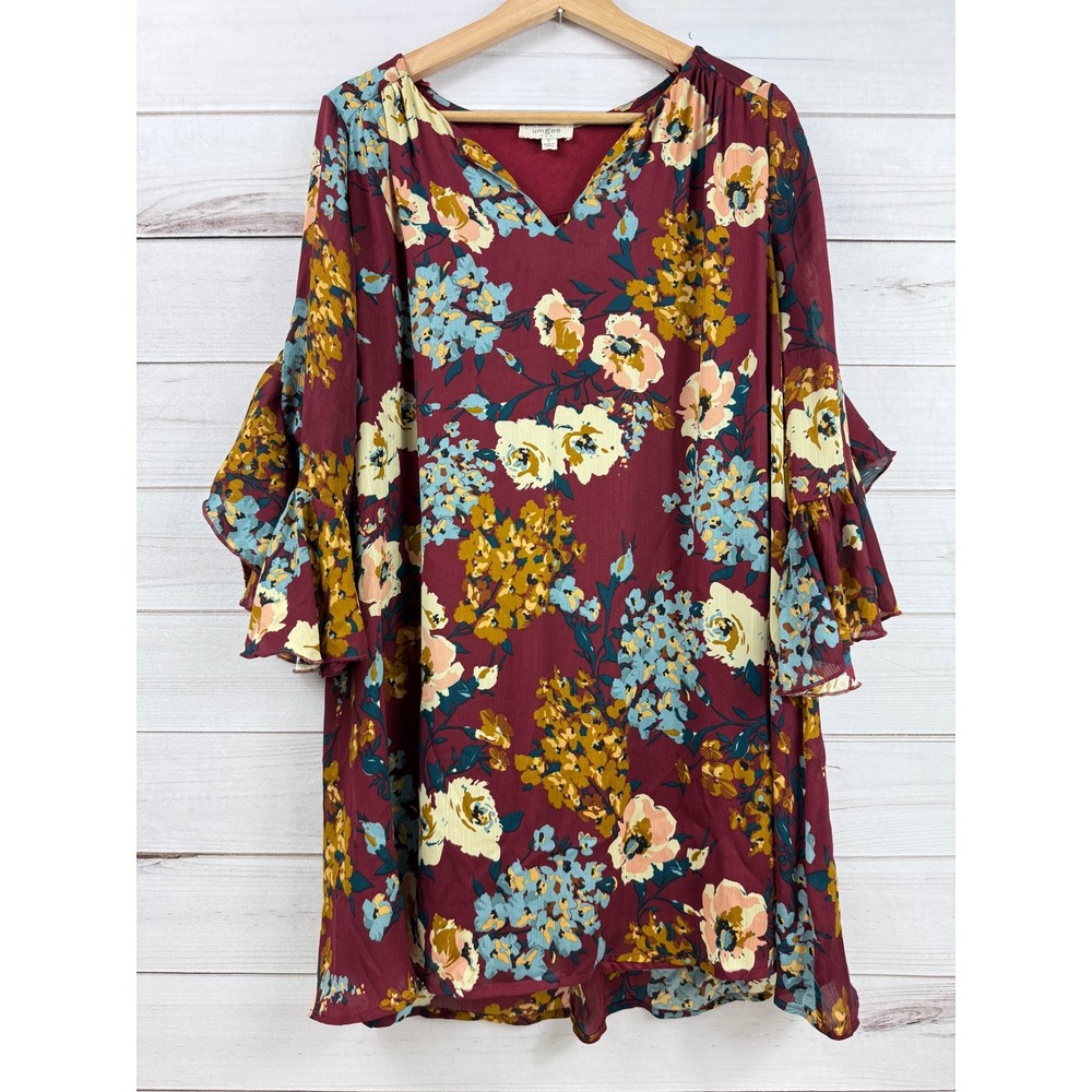 Umgee Floral Dress Burgundy V Neck Ruffle‎ Sleeve Bohemian Women's S